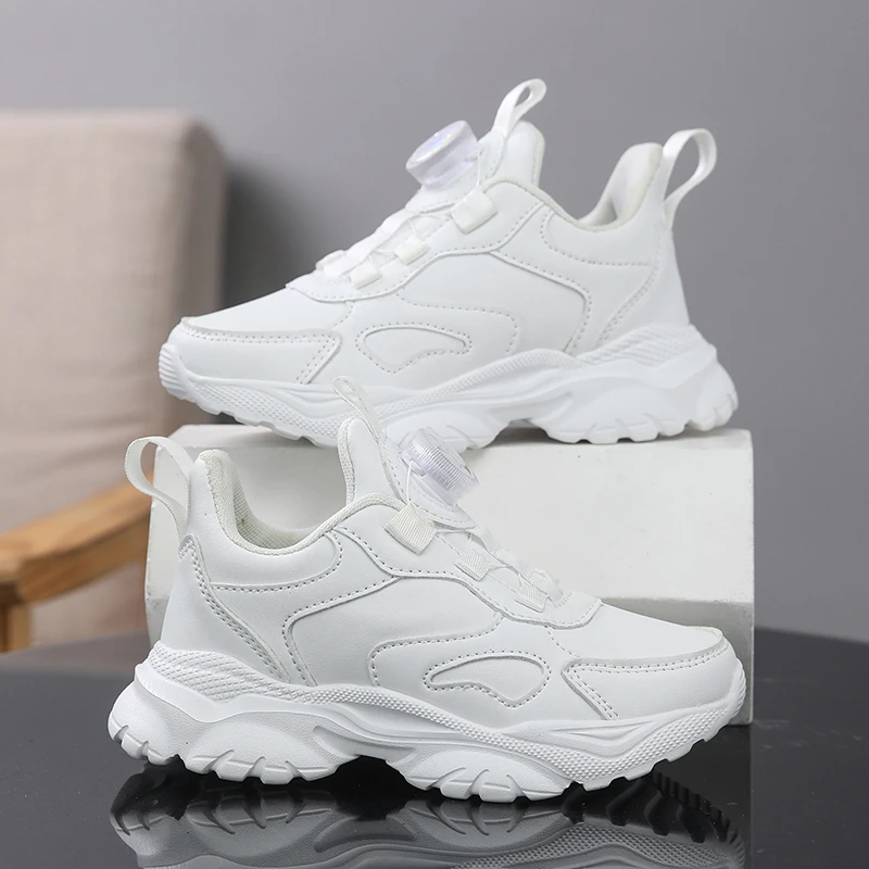 儿童小白鞋男童皮面休闲鞋女童网面透气白色旋转扣运动鞋老爹鞋子