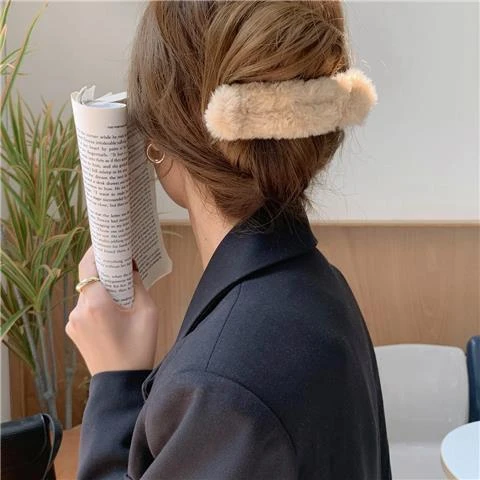 法式慵懒风气质盘发夹子仿兔毛大号发夹百搭毛毛鲨鱼夹鸭嘴夹发饰