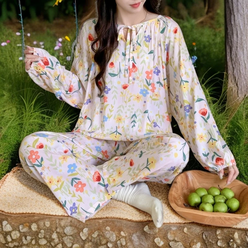 【长袖+长裤】春夏季新款女士女款套头大码棉绸睡衣家居服套装