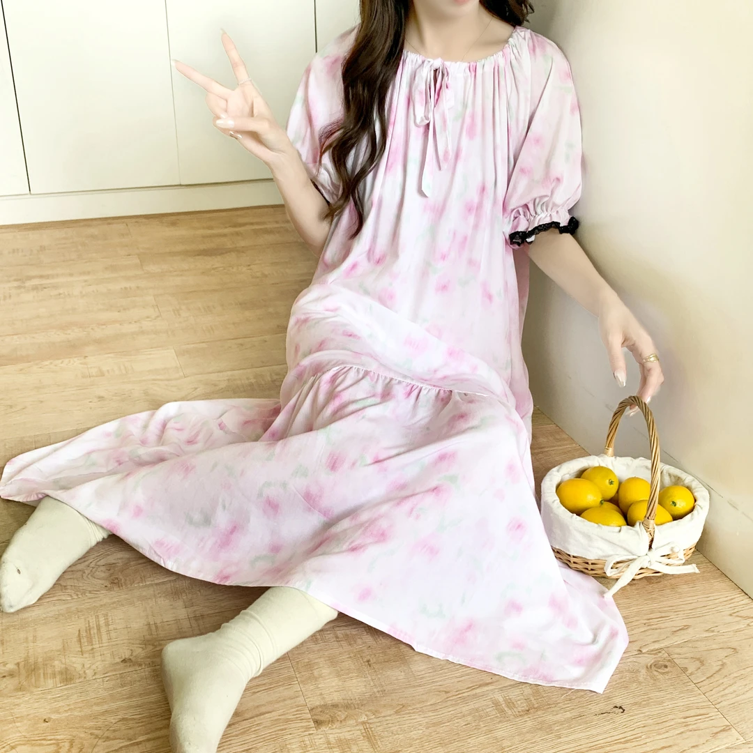 2025年春夏季新款女士棉绸飘带睡裙甜美韩版大码宽松薄款