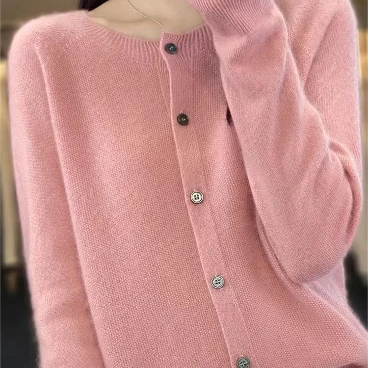 女神必入~一线成衣圆领桂花针100纯山羊绒开衫女针织毛衣外套