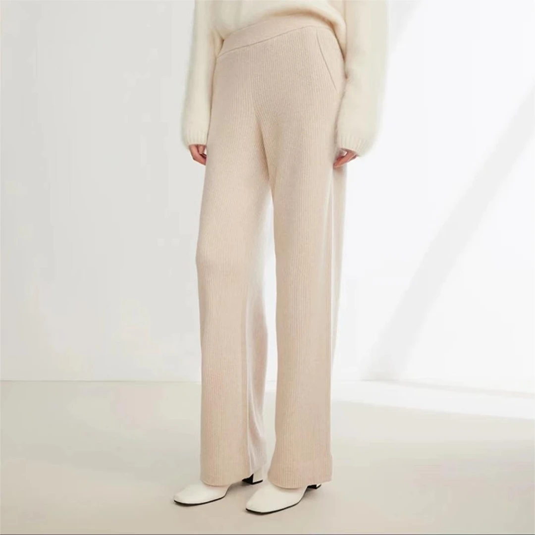 100纯山羊绒裤子宽松慵懒风阔腿裤坑条针织裤直筒裤