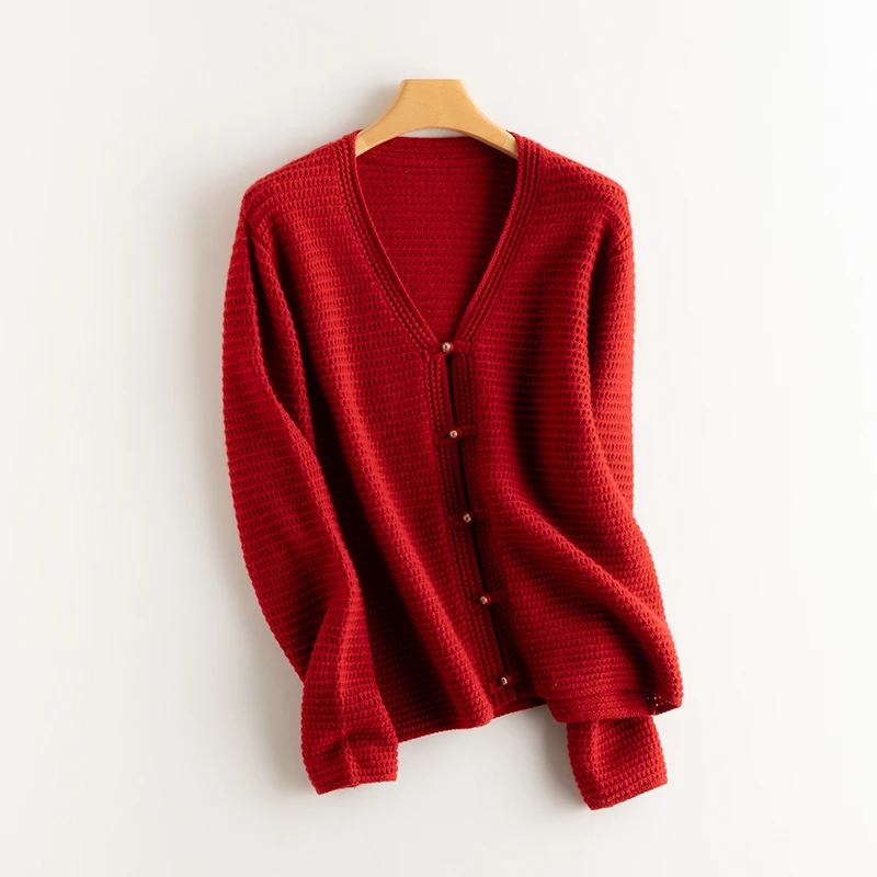 2024新款新中式国风纯山羊绒针织开衫女加厚v领挑孔羊绒毛衣外套