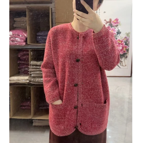 中长款100山羊绒衫女士圆领花纱针织衫宽松显瘦双兜外套