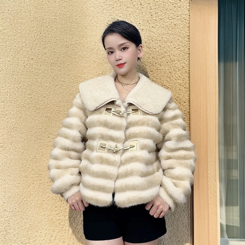 海宁正品罗麦皮毛一体外套短款 时尚潮流气质上衣轻奢女士冬季