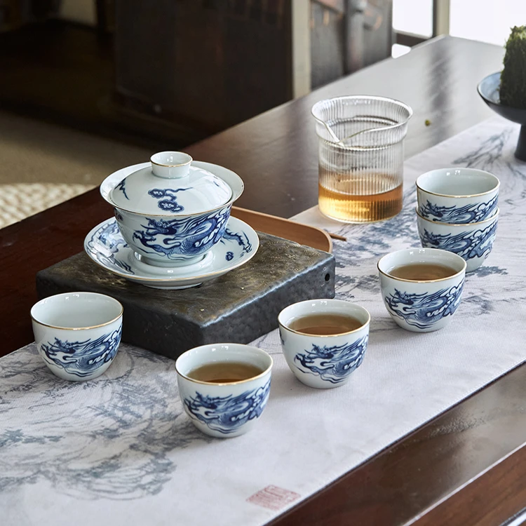 景德镇官方旗舰店陶瓷茶具套装泡茶器具描金青花盖碗茶杯8头草龙