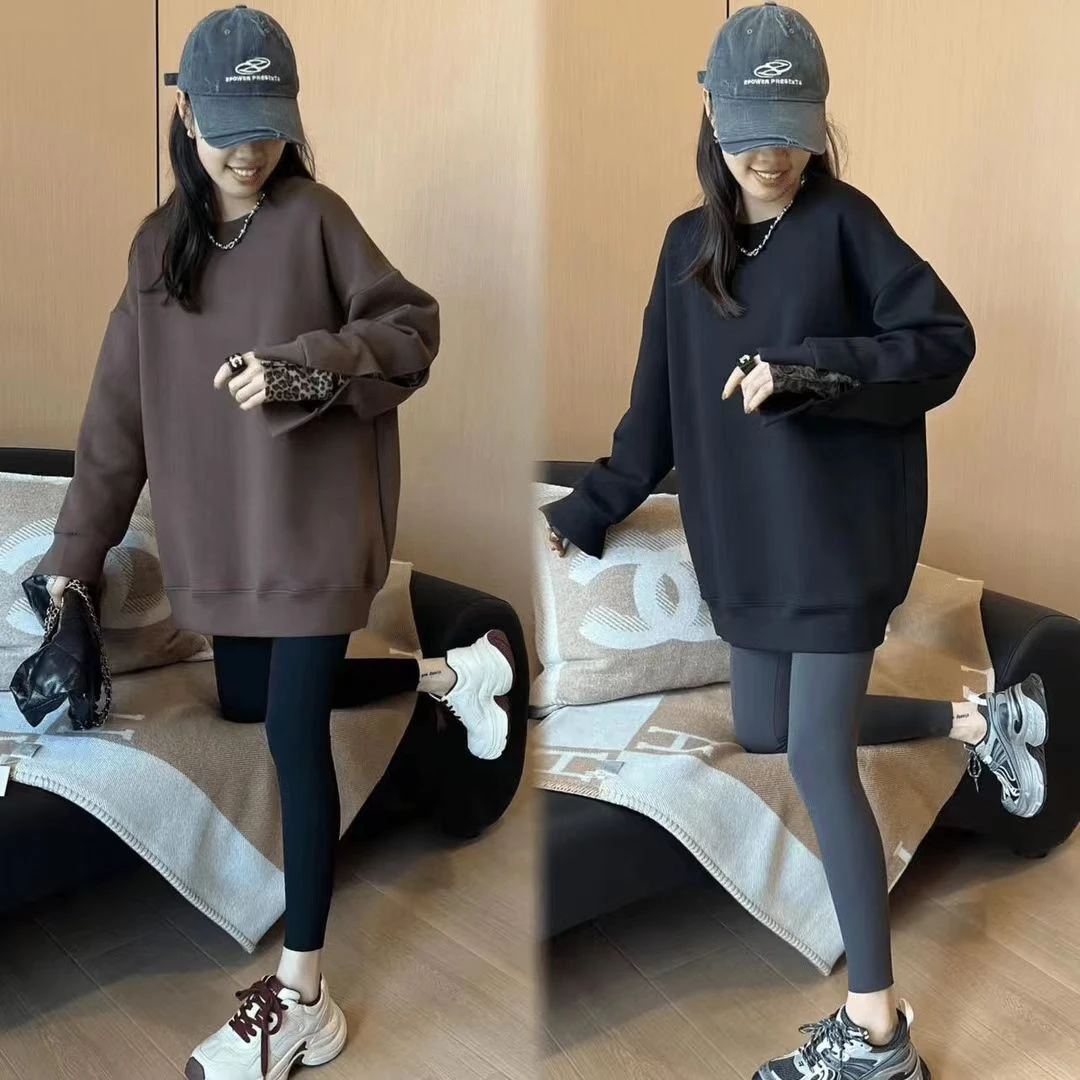 2024秋冬新款时尚百搭宽松休闲气质复古撞色拼接长袖ins圆领卫衣