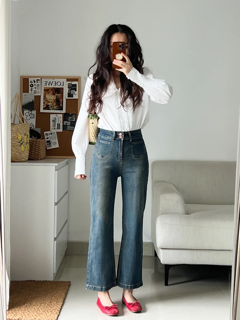 复古蓝弹力九分牛仔裤女春款设计感小众遮胯显瘦梨形身材微喇裤