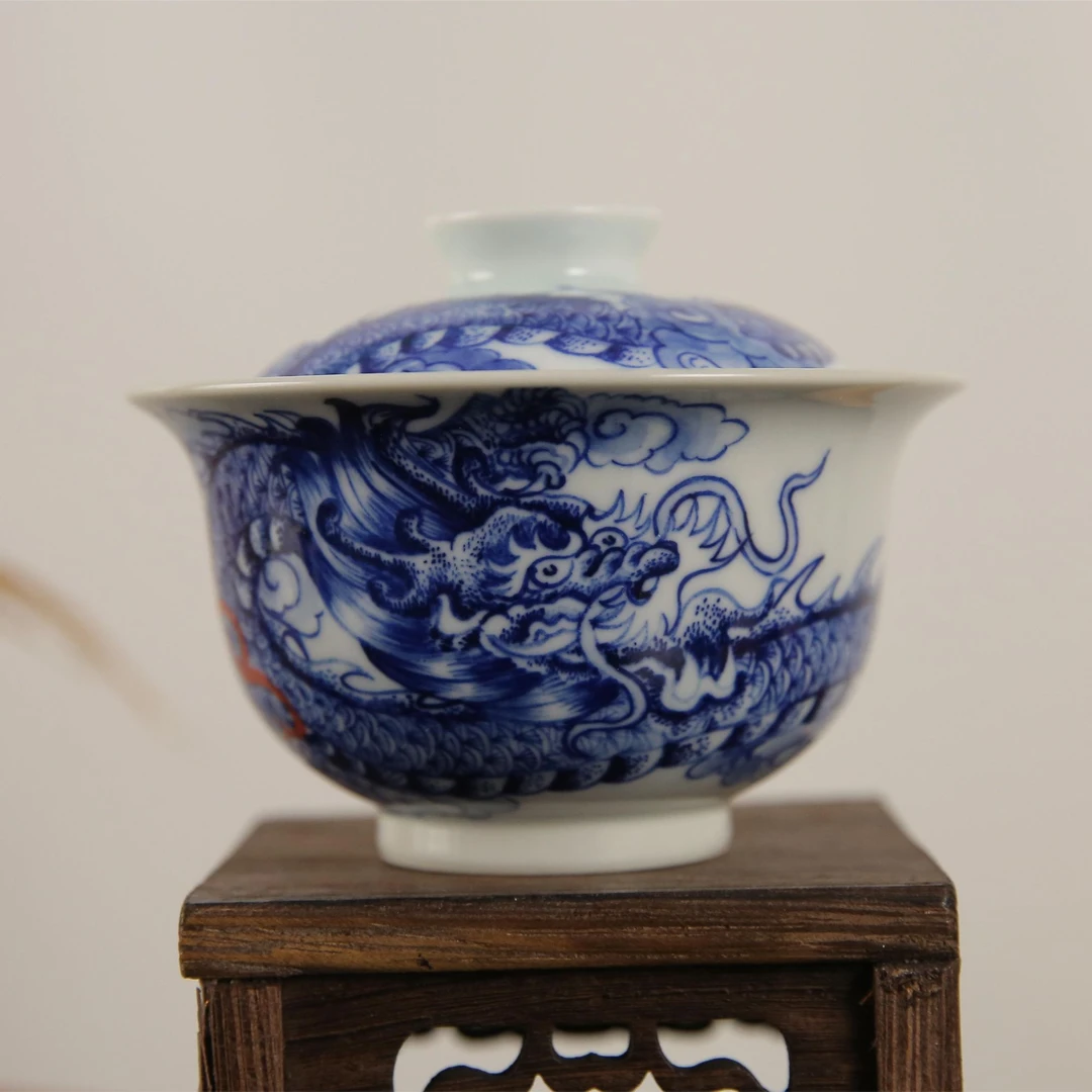 景德镇陶瓷茶具手工手绘高温釉下青花龙凤纹三才盖碗家用高档泡茶