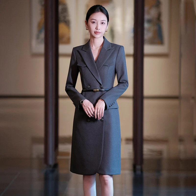 钟丽婷高级感灰色西装连衣裙女装气质时尚通勤主持人职业装工作服