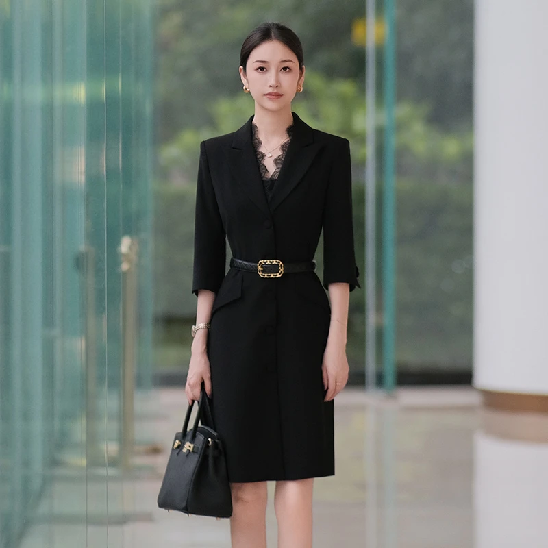 钟丽婷春装女2024年新款蕾丝西装连衣裙黑色职业气质收腰翘肩裙子
