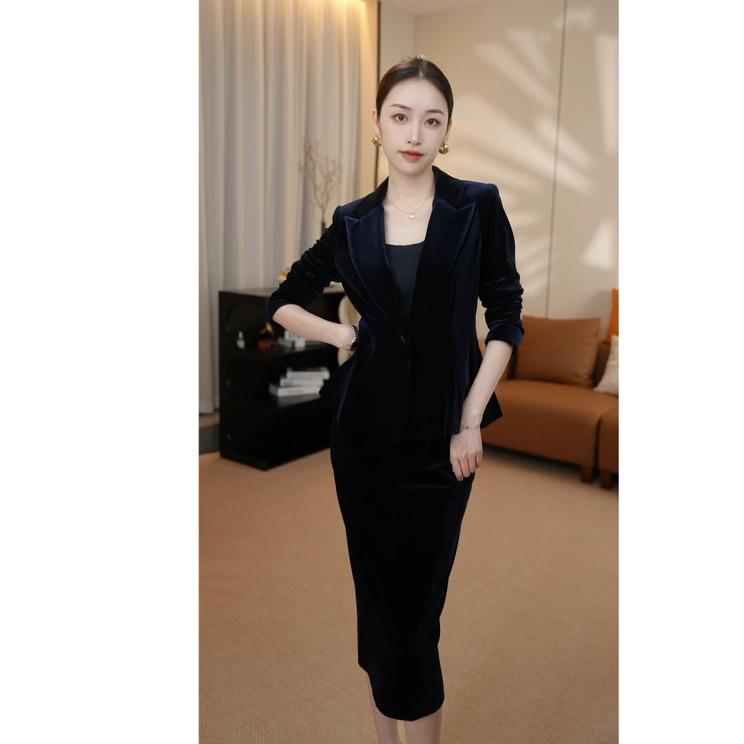 法式丝绒复古西服外套显瘦收腰修身秋季新款职业西装半裙两件套女