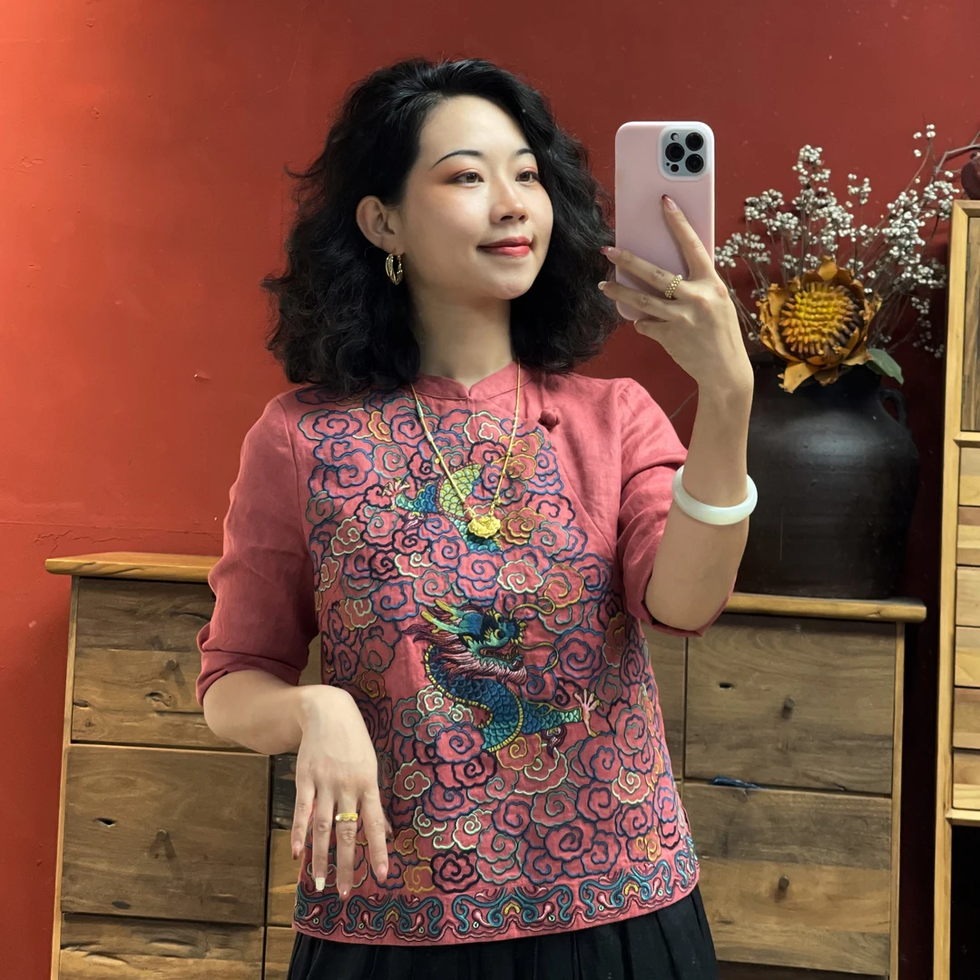 羊在在【飞龙乘云】刺绣云纹国风新中式亚麻上衣小衫SY24YX21319