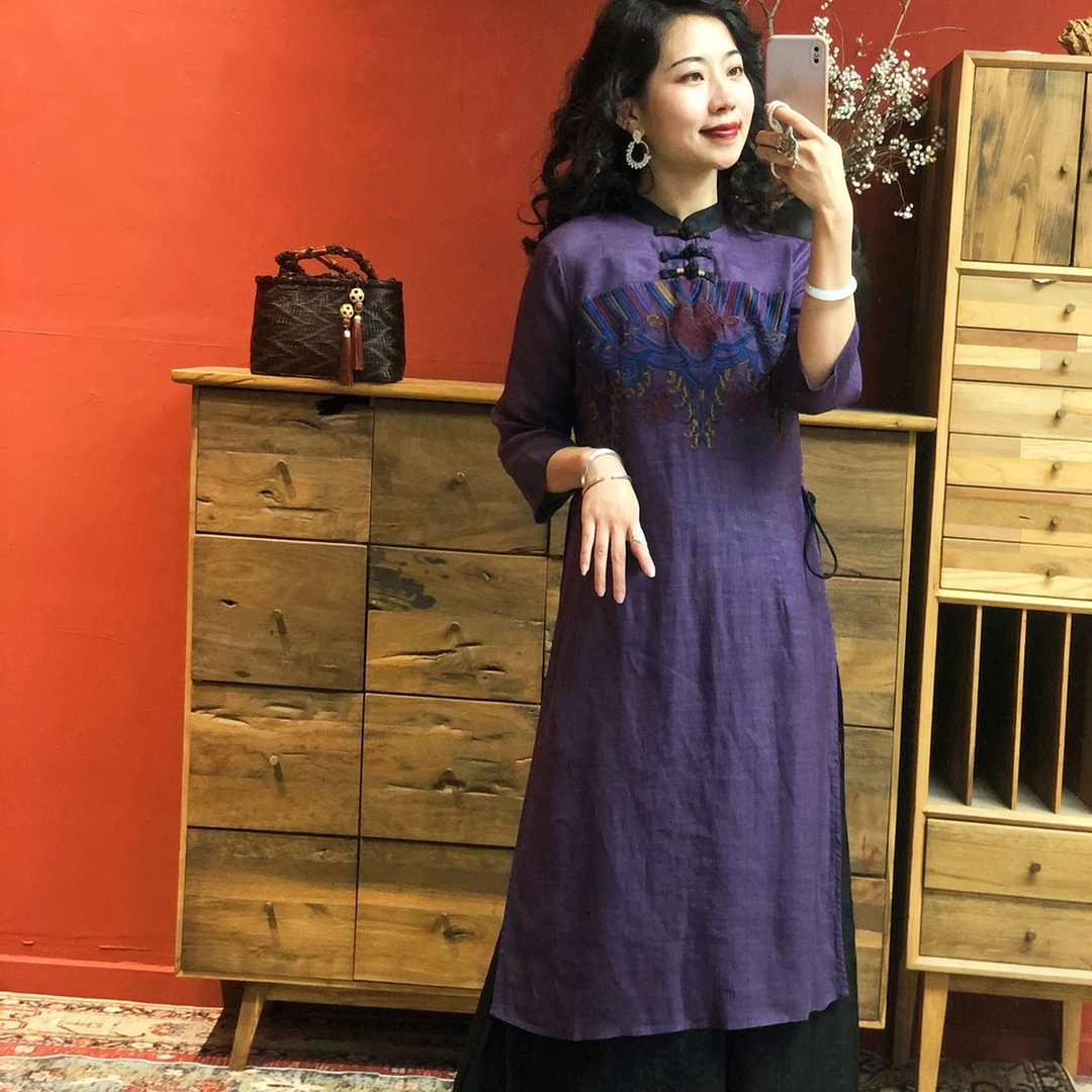 【羊在在】国风民族风春夏新品重工刺绣三色盘扣设计师款连衣裙L036