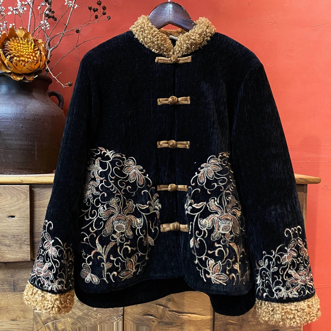 羊在在复古刺绣新中式盘扣国风棉服女棉衣夹棉外套民族风MF613