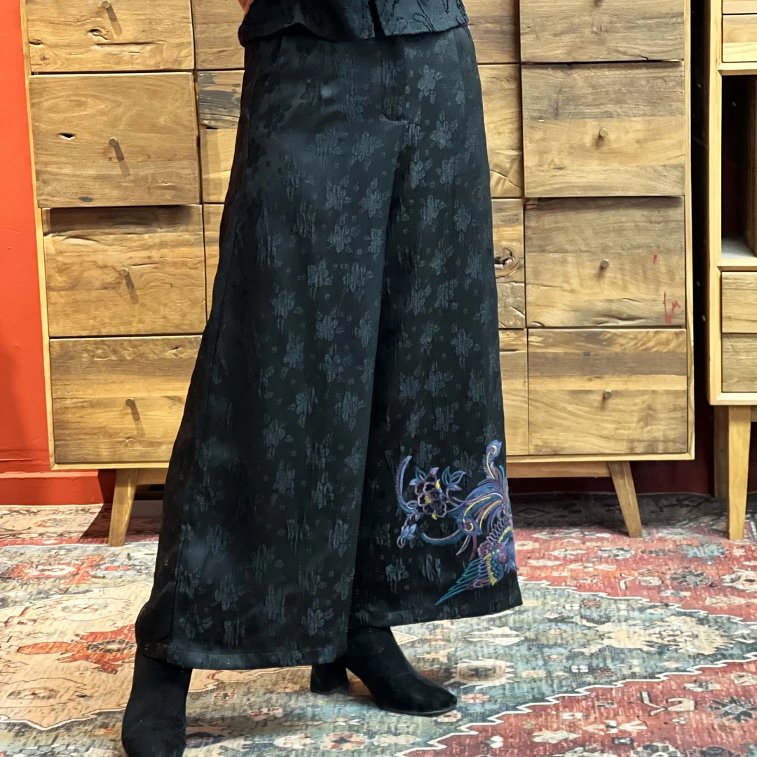 文艺复古高腰百搭宽松阔腿裤国风刺绣休闲长裤KZ0249