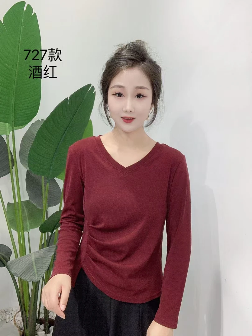 新款秋季上衣不规则褶皱设计感长袖T恤时尚洋气修身显瘦韩版百搭