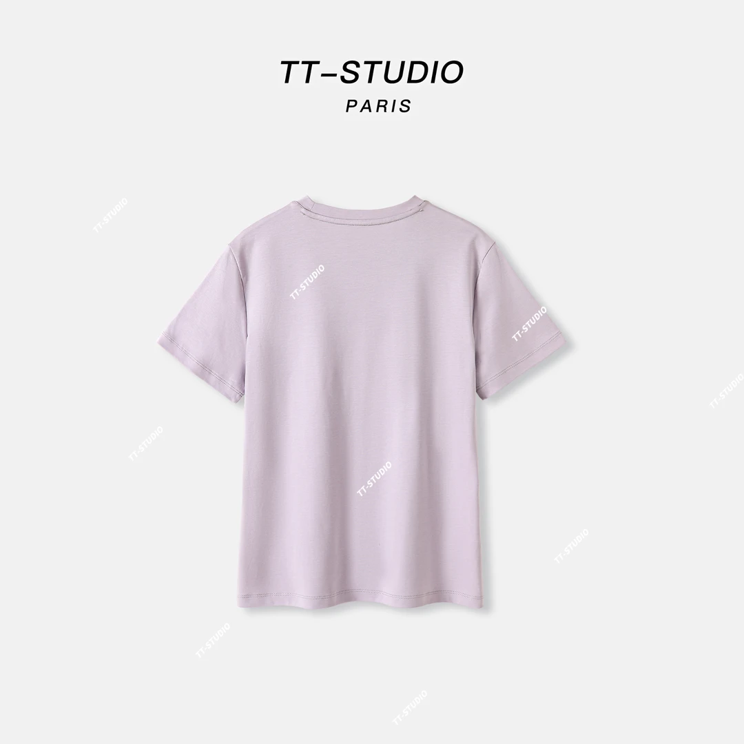 TT【紫闪闪】桑蚕丝春夏新款重工烫钻纯色短袖T恤TT-T395