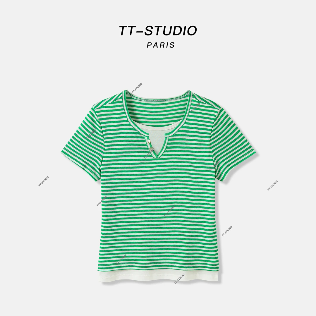 TT③【薄荷曼波】莱赛尔+羊毛夏季新款条纹假两件T恤T598