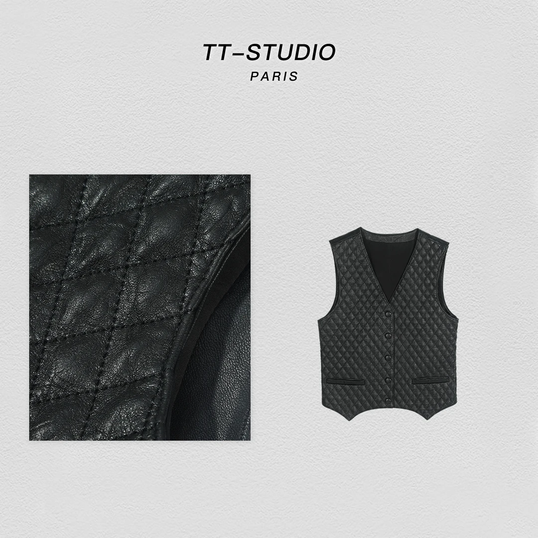 「中古小香」新西兰进口绵羊皮春季高端菱格马甲外套24006