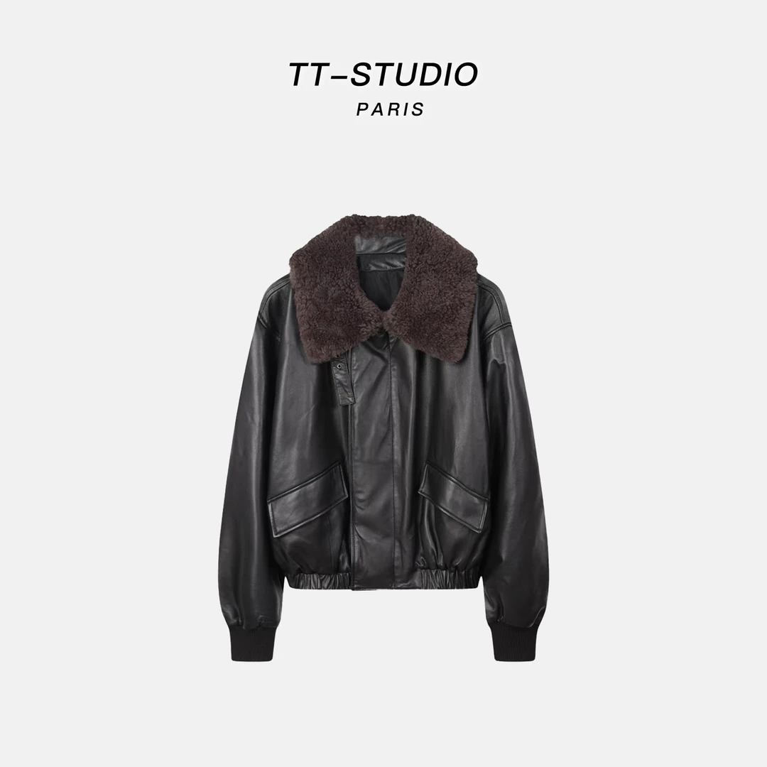 TT「旅行者」绵羊皮毛领翻领阿拉善骆驼绒皮皮草真皮外套女LZ82202