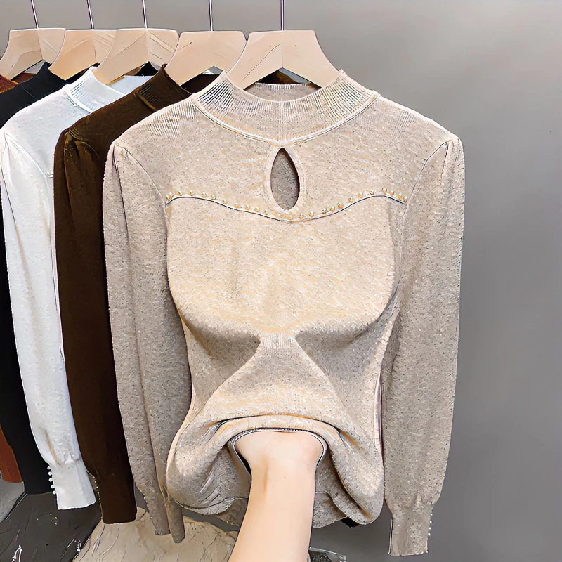半高领打底衫2023新款女秋冬高级感内搭毛衣针织衫镂空钉珠大码女