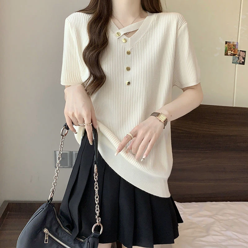 2024新款百搭宽松显瘦V领时尚挂脖冰丝短袖T恤女夏季遮肚藏肉上衣