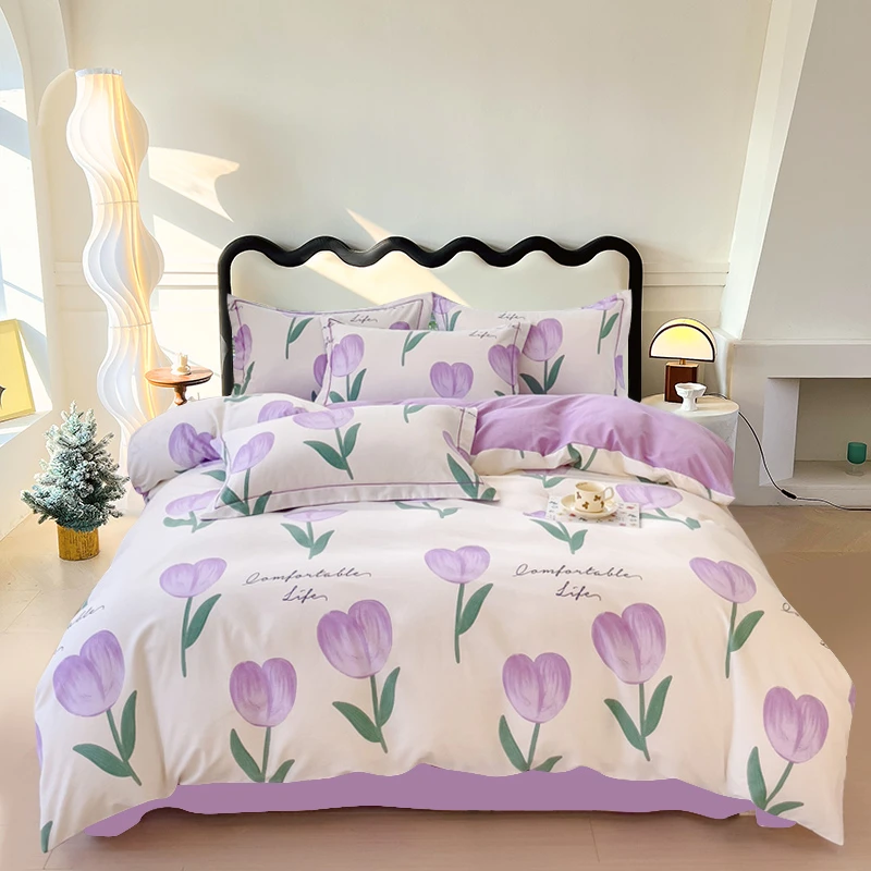 全棉加厚四件套简约印花斜纹四件套