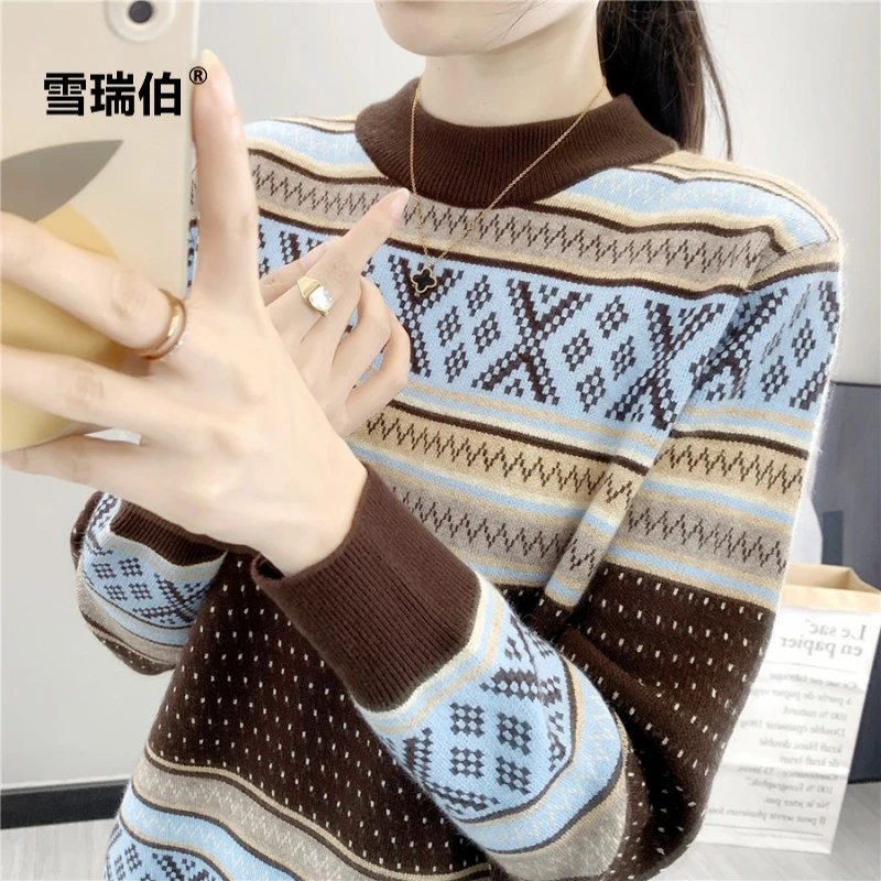 【时尚优雅】半高领显白显瘦中长款毛衣女秋冬新款宽松妈妈装针织衫