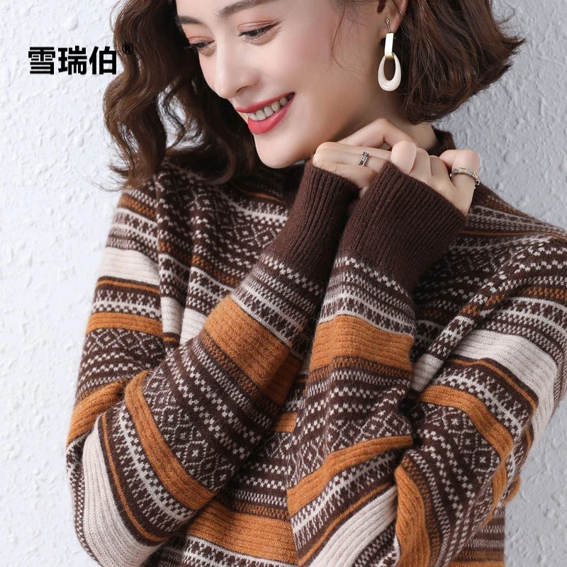 【宠粉福利】条纹半高领显白显瘦毛衣女秋冬新款宽松妈妈装针织衫