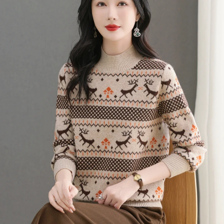 秋冬新款女冬季新款半高领时尚洋气提花拼色宽松打底毛衣加厚