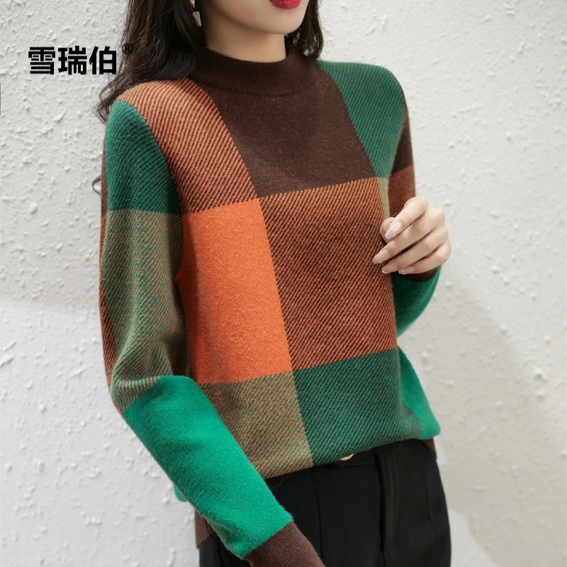 【欧美轻奢】半高领拼色毛衣女秋冬新款宽松加厚时尚妈妈装打底衫