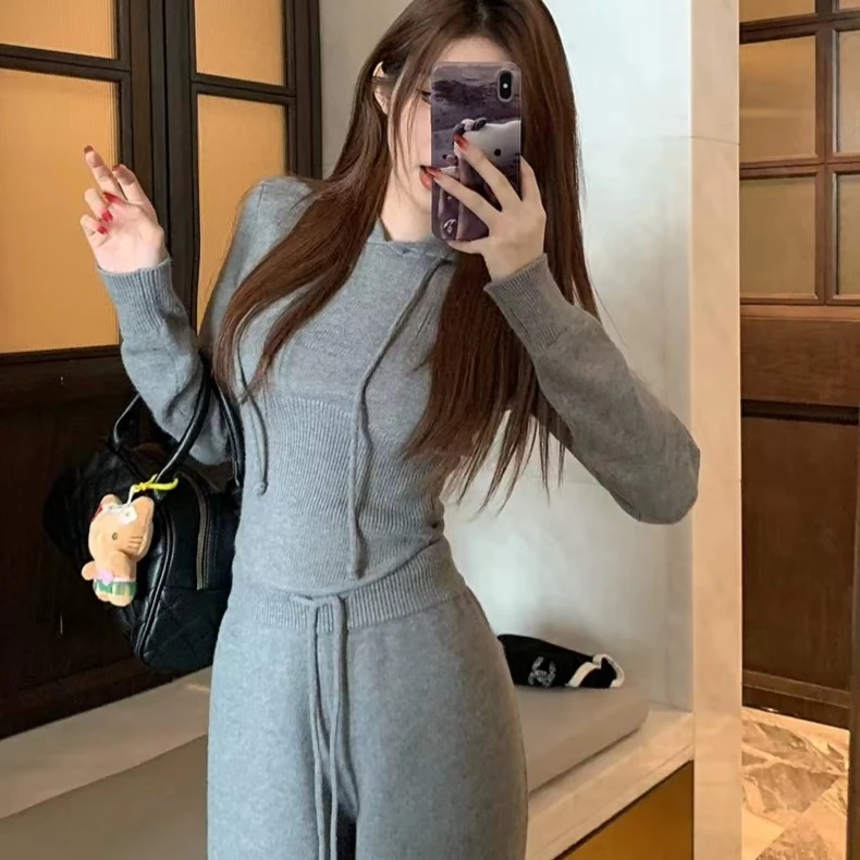 秋冬收腰修身带帽毛织套装气质显瘦上衣时尚休闲直筒长裤两件套装