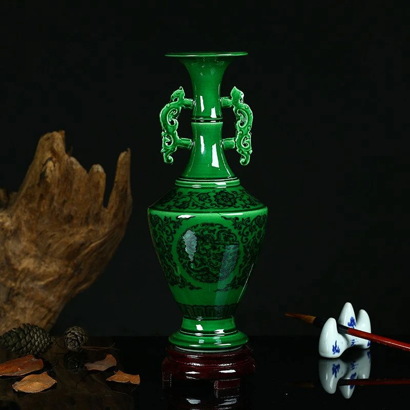 景德镇陶瓷花瓶手工翡翠绿仿古插花摆件新中式家居客厅装饰品摆设