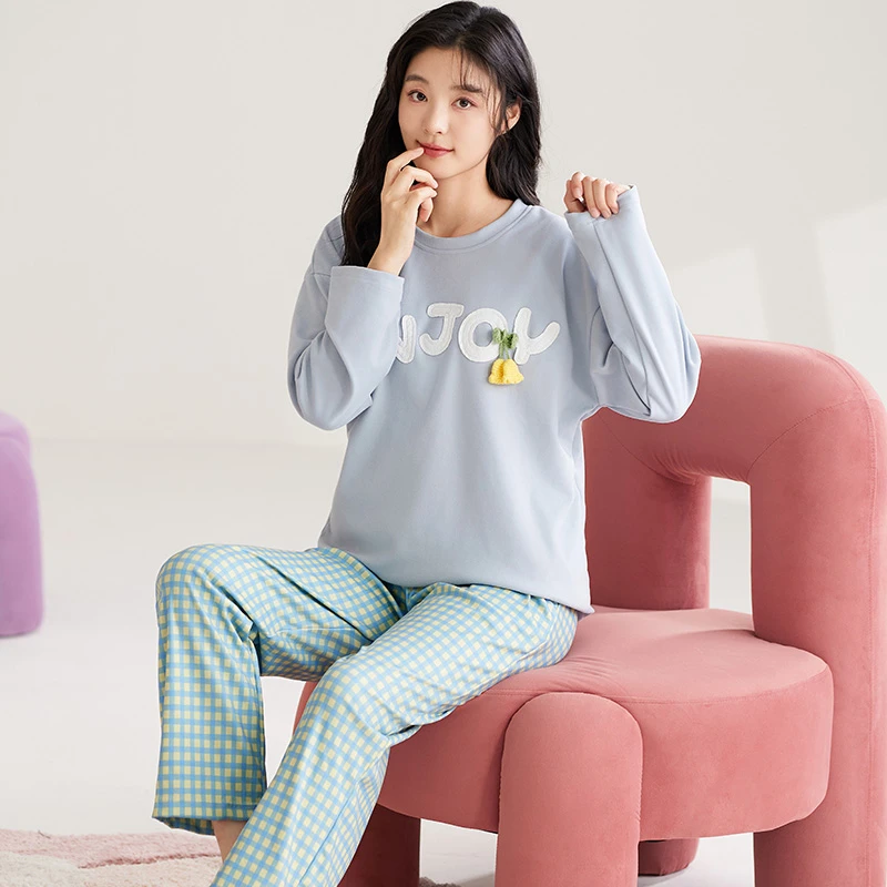 莉莉家阳离子绒女浅蓝字母套头秋冬款加厚加绒保暖家居服88766