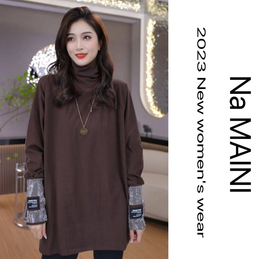 欧货高领洋气双面德绒百搭长袖打底衫宽松中长款烫钻磨毛T恤外穿