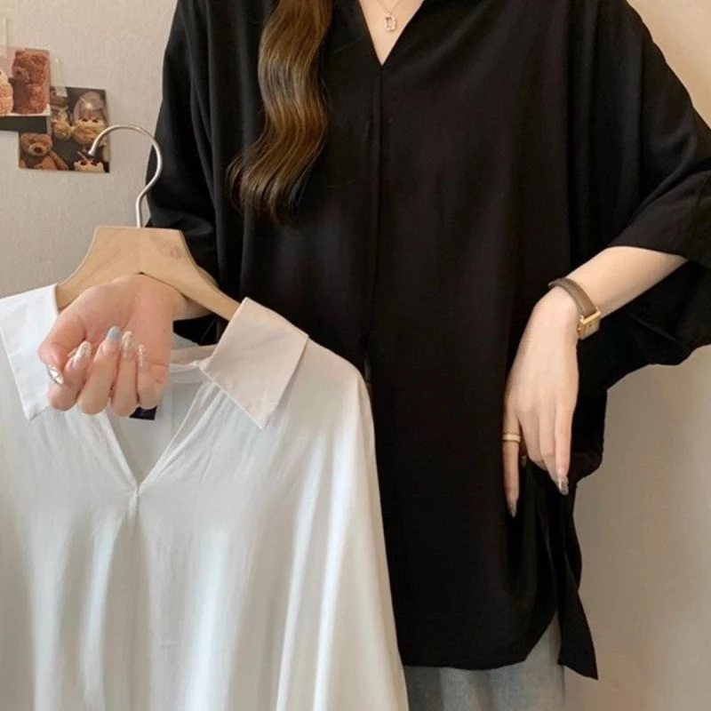 遮肚子慵懒风POLO领短袖衬衫女2025夏微胖大码设计感宽松开叉上衣