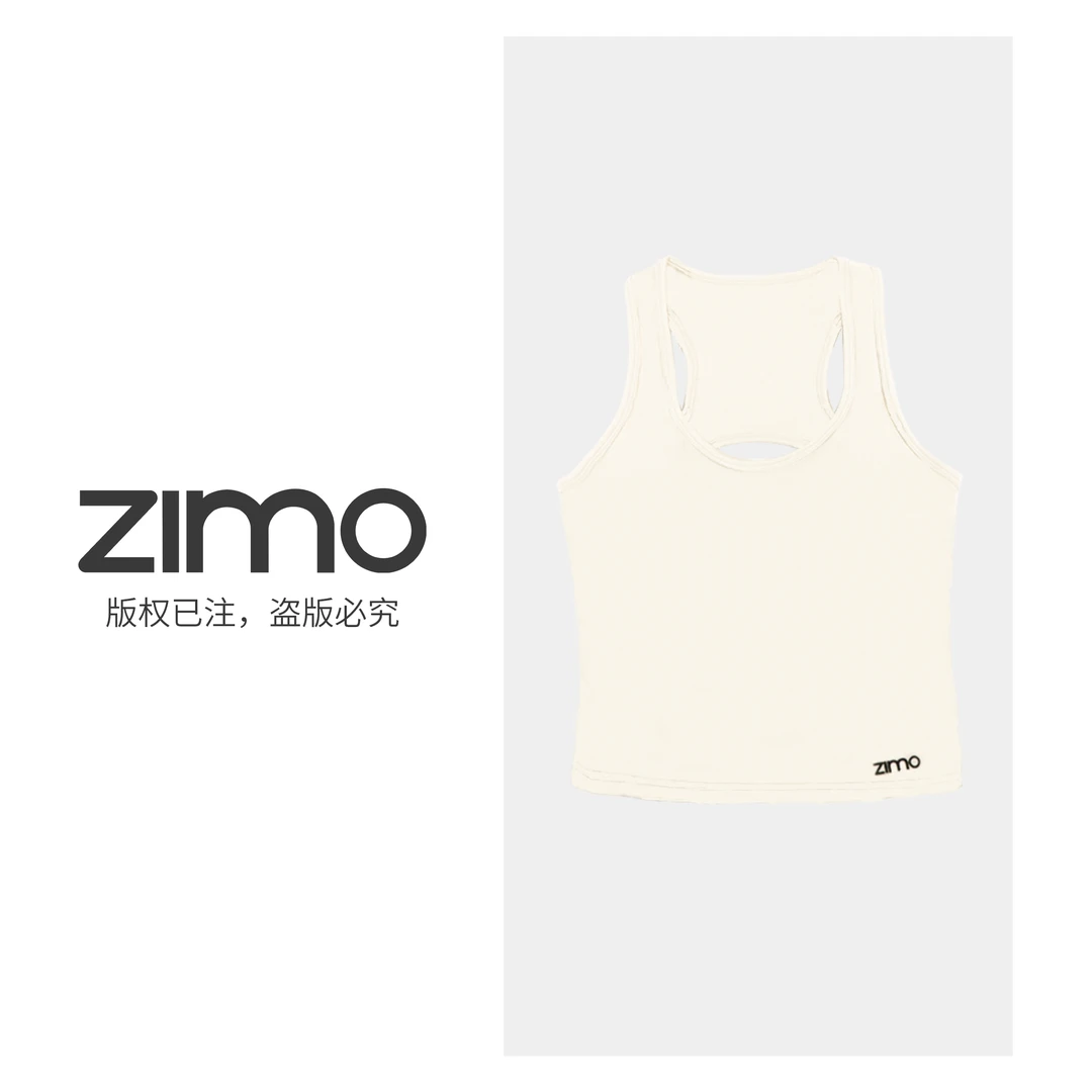 后背镂空加长款米杏070-zimo-杯瑜伽健身运动背心YFWX070