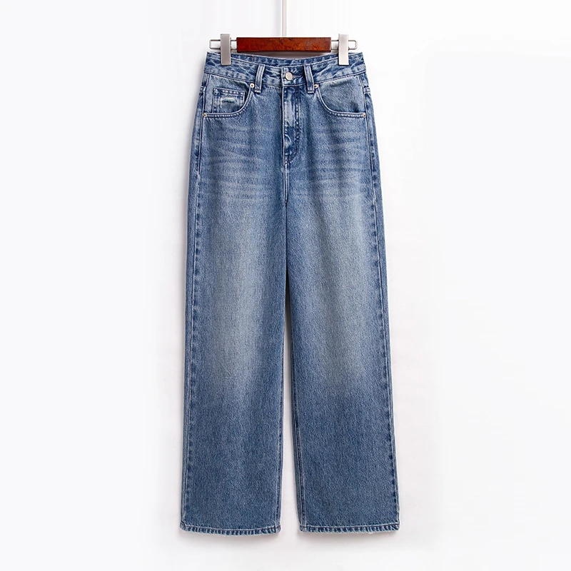 RAIN.CUN直筒蓝色宽松百搭阔腿牛仔裤  QC11570L