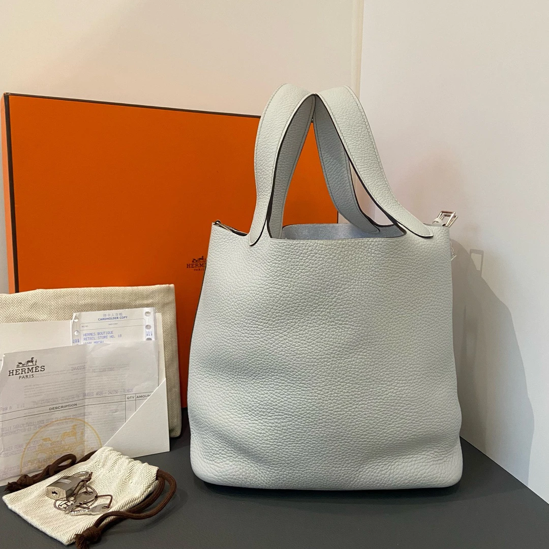 95新 Hermes/爱马仕 菜篮子22圣杯蓝 银扣Z刻8370426