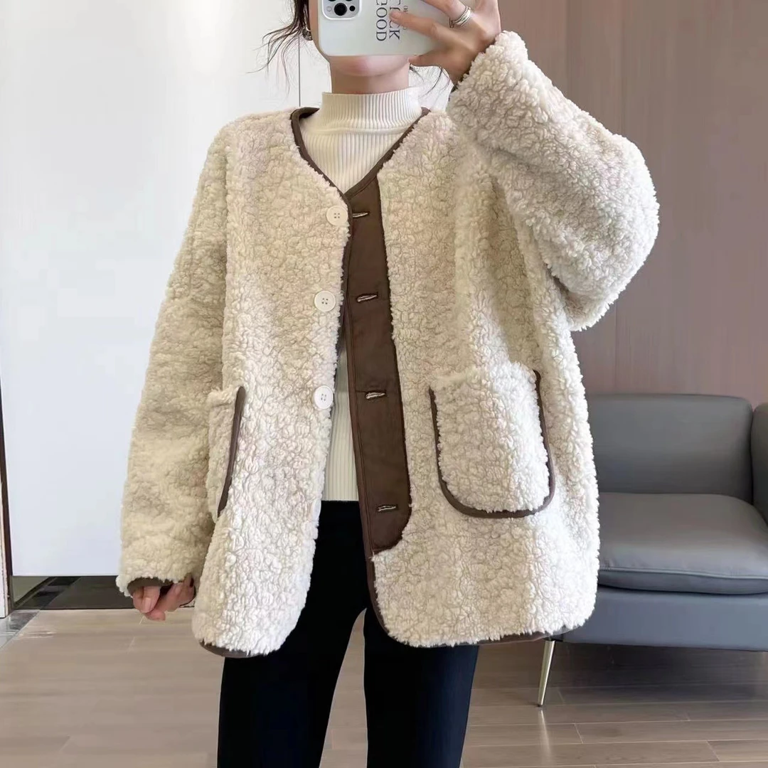 米家气质外套女韩版宽松2024秋冬新款显瘦皮毛一体保暖毛绒上衣