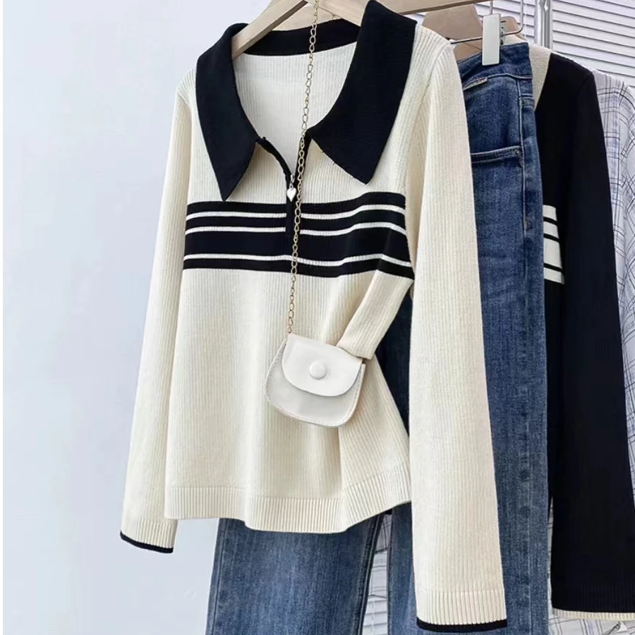 A0447大码胖妹妹半拉链拼色polo领针织衫女宽松遮肚藏肉打底衫