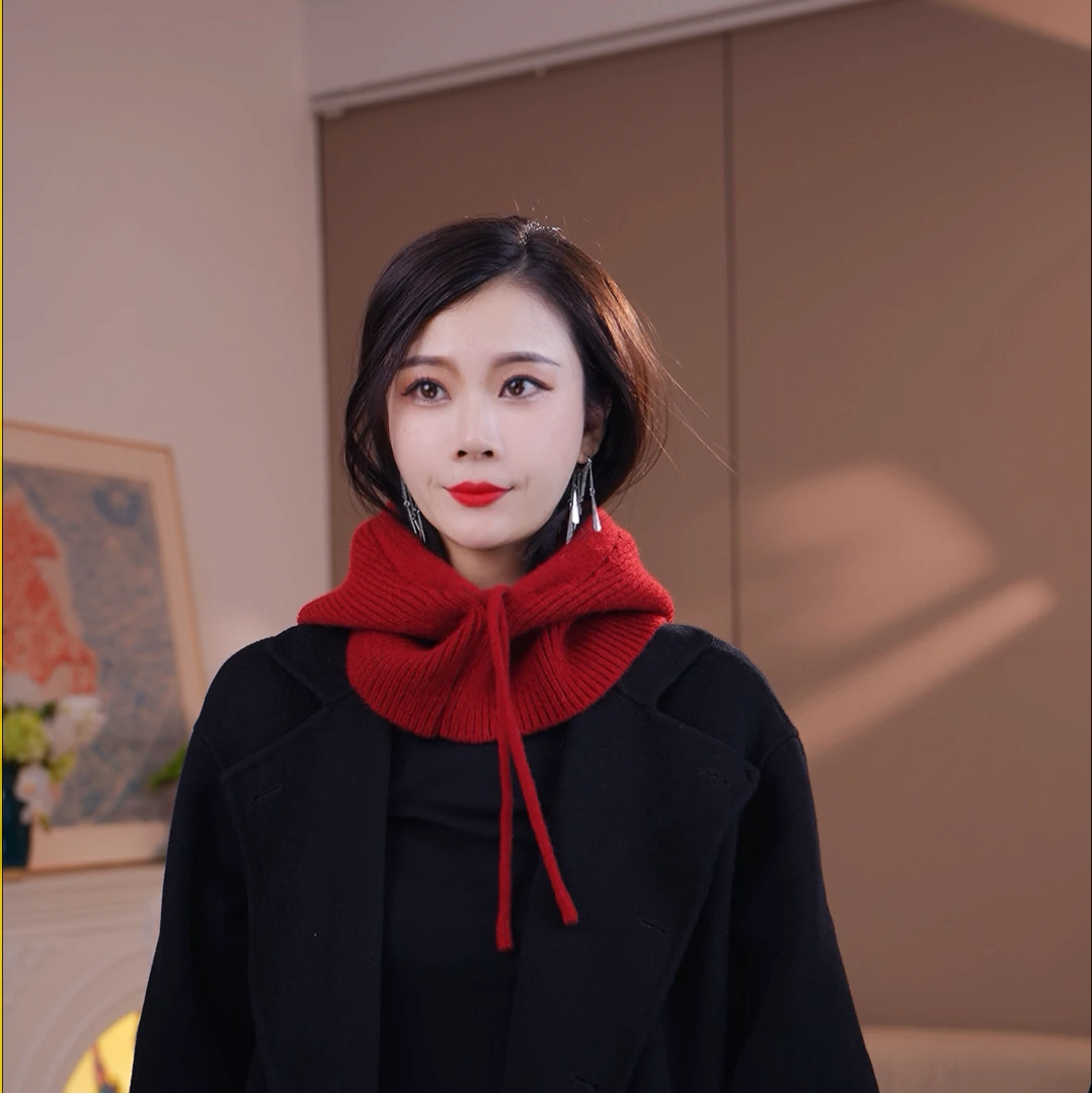 纯色毛线帽子围脖一体女秋冬加厚针织连帽围巾