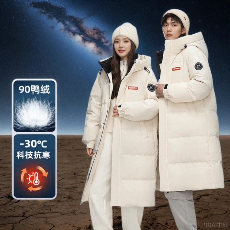 时空道宇羽绒服品牌情侣长款过膝加厚外套冬季鸭绒时尚连帽外套潮