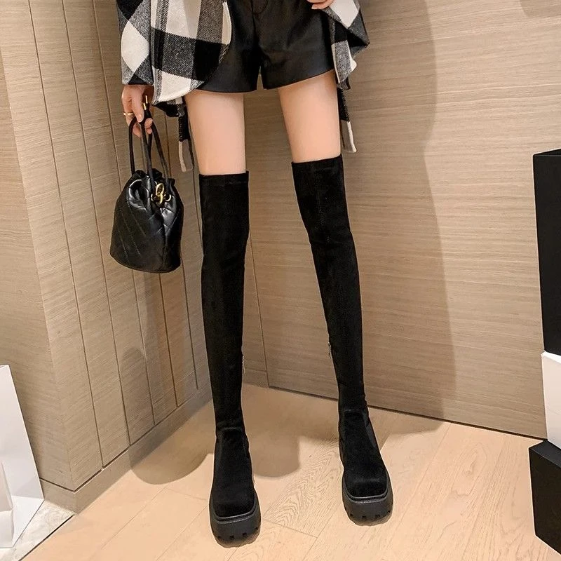 厚底过膝长靴女2023秋季显瘦绒面长筒靴贴腿大筒围粗腿胖mm高筒靴
