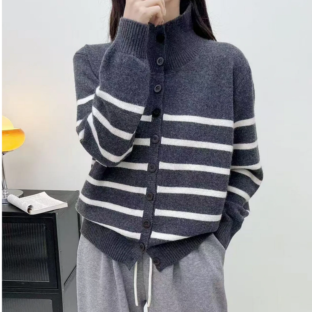 （单排扣开衫）玉姐家秋冬宽松显瘦保暖条纹开衫90-140 新选f679