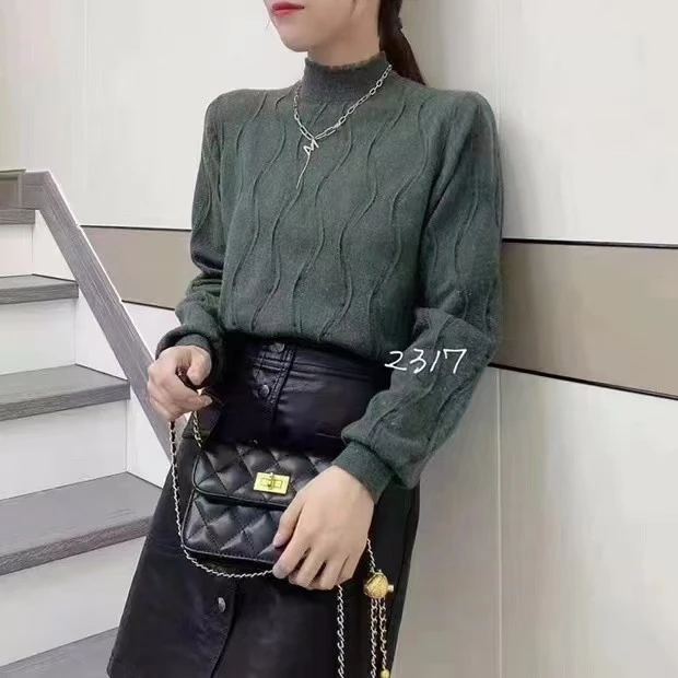 提花半高领毛衣针织打底衫上衣 新选f496