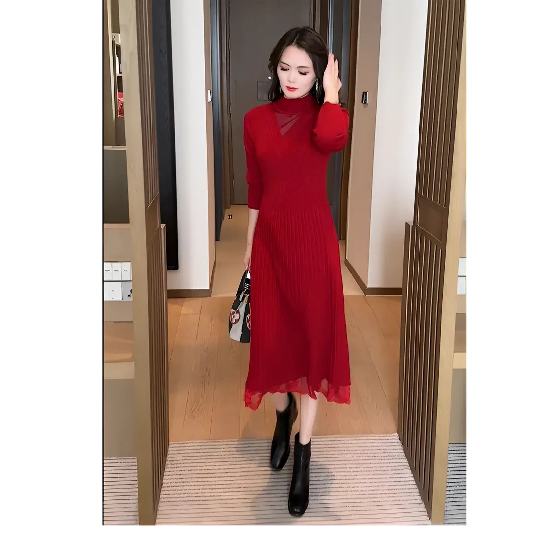 喜婆婆红色显瘦中长款2025春秋装新款修身气质百搭裙子针织连衣裙