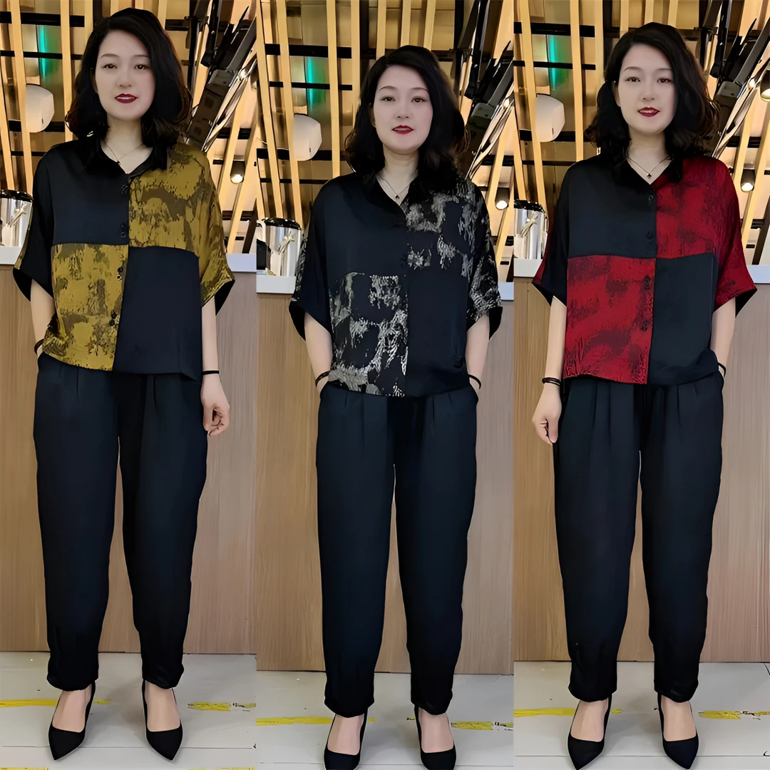 2025夏季新款时尚拼接国风百搭蝙蝠袖上衣衬衫纯色哈伦裤套装