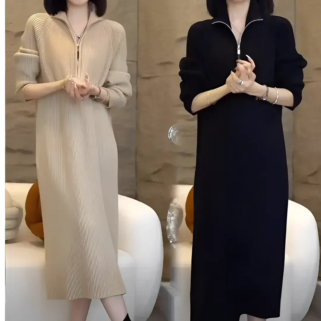 配大衣拉链秋冬宽松纯色针织连衣裙过膝盖显瘦长袖气质装时尚打底